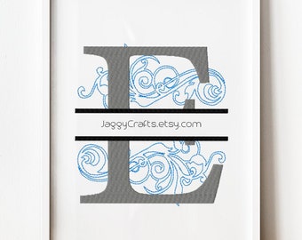 Split Monogram E Embroidery Design Font with Swirl Motif Design in 3 sizes Instant Download