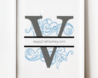 Split Monogram V Embroidery Design Font with Swirl Motif Design in 3 sizes Instant Download