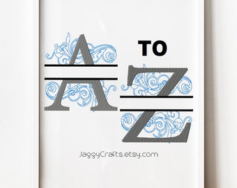 Split Monogram Embroidery Design Fonts Bundle Swirl Motif Design in 3 sizes Full Alphabet Instant Download