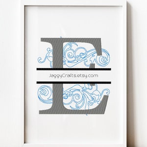 Split Monogram E Embroidery Design Font with Swirl Motif Design in 3 sizes Instant Download