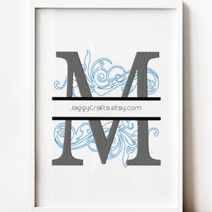 Split Monogram M Embroidery Design Font with Swirl Motif Design in 3 sizes Instant Download