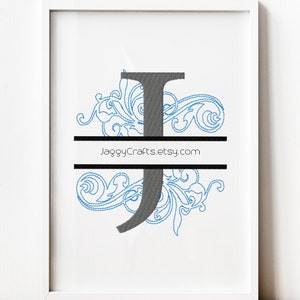 Split Monogram J Embroidery Design Font with Swirl Motif Design in 3 sizes Instant Download