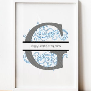 Split Monogram G Embroidery Design Font with Swirl Motif Design in 3 sizes Instant Download