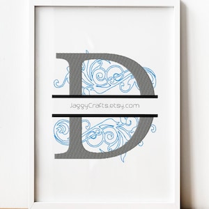 Split Monogram D Embroidery Design Font with Swirl Motif Design in 3 sizes Instant Download