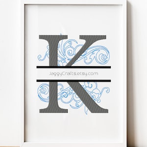 Split Monogram K Embroidery Design Font with Swirl Motif Design in 3 sizes Instant Download
