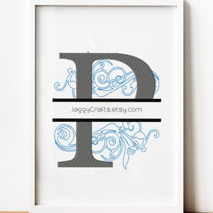 May include: A framed embroidery design featuring a gray letter P with blue floral embellishments. The text "JaggyCrafts.etsy.com" is displayed below the letter.