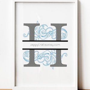 Split Monogram H Embroidery Design Font with Swirl Motif Design in 3 sizes Instant Download