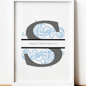Split Monogram S Embroidery Design Font with Swirl Motif Design in 3 sizes Instant Download