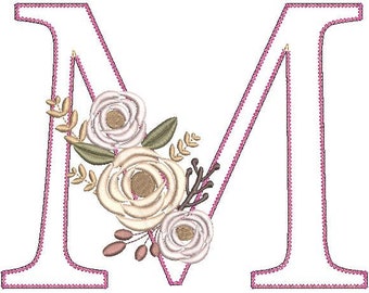 Applique Floral Monogram Embroidery Fonts Design Letter M Flower Bunch Motif Design Machine Embroidery Instant Download