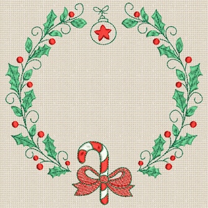 May include: Embroidered Christmas wreath design featuring green holly leaves, red berries, and a candy cane with a red bow. A red star ornament hangs at the top. The design is on a beige background.
