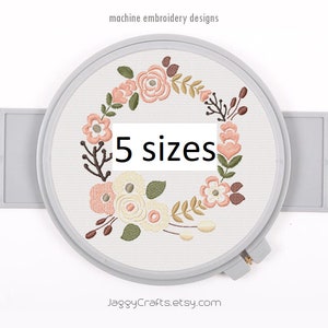 Floral wreath embroidery frame design for monogram with LARGE FLOWERS in 5 sizes instant download