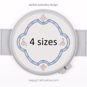 May include: A white embroidery hoop with a blue and pink floral design. The text "4 sizes" is in the center of the hoop. The text "JaggyCrafts.etsy.com" is below the hoop. The text "machine embroidery designs" is above the hoop.