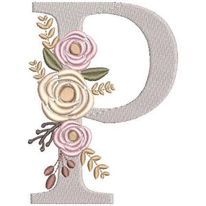 Monograma floral bordado fuentes diseño paquete flor ramo motivo diseño letra P máquina bordado descarga inmediata