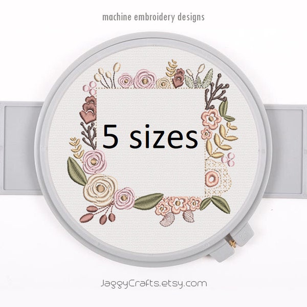 Vierkant bloemen borduurframe design krans voor monogramrand in 5 maten direct te downloaden