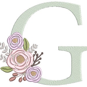 Monograma floral bordado fuentes diseño paquete flor manojo motivo diseño LETRA G máquina bordado descarga inmediata