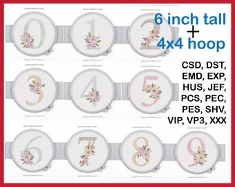 Floral Number Embroidery Fonts Design Bundle Flower Bunch Motif Design 6 INCH tall and 4x4 HOOPS SIZE Full Set Machine Embroidery