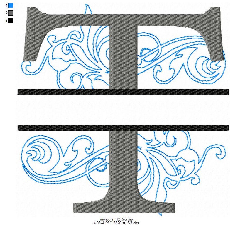 Split monogram t embroidery design font with swirl motif  etsy