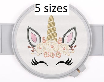 Unicorn floral face embroidery design in 5 sizes digital file for embroidery machine