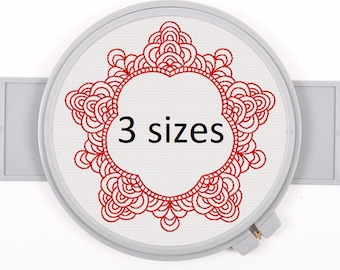 Mandala in redwork embroidery design monogram font frame in 3 sizes instant download