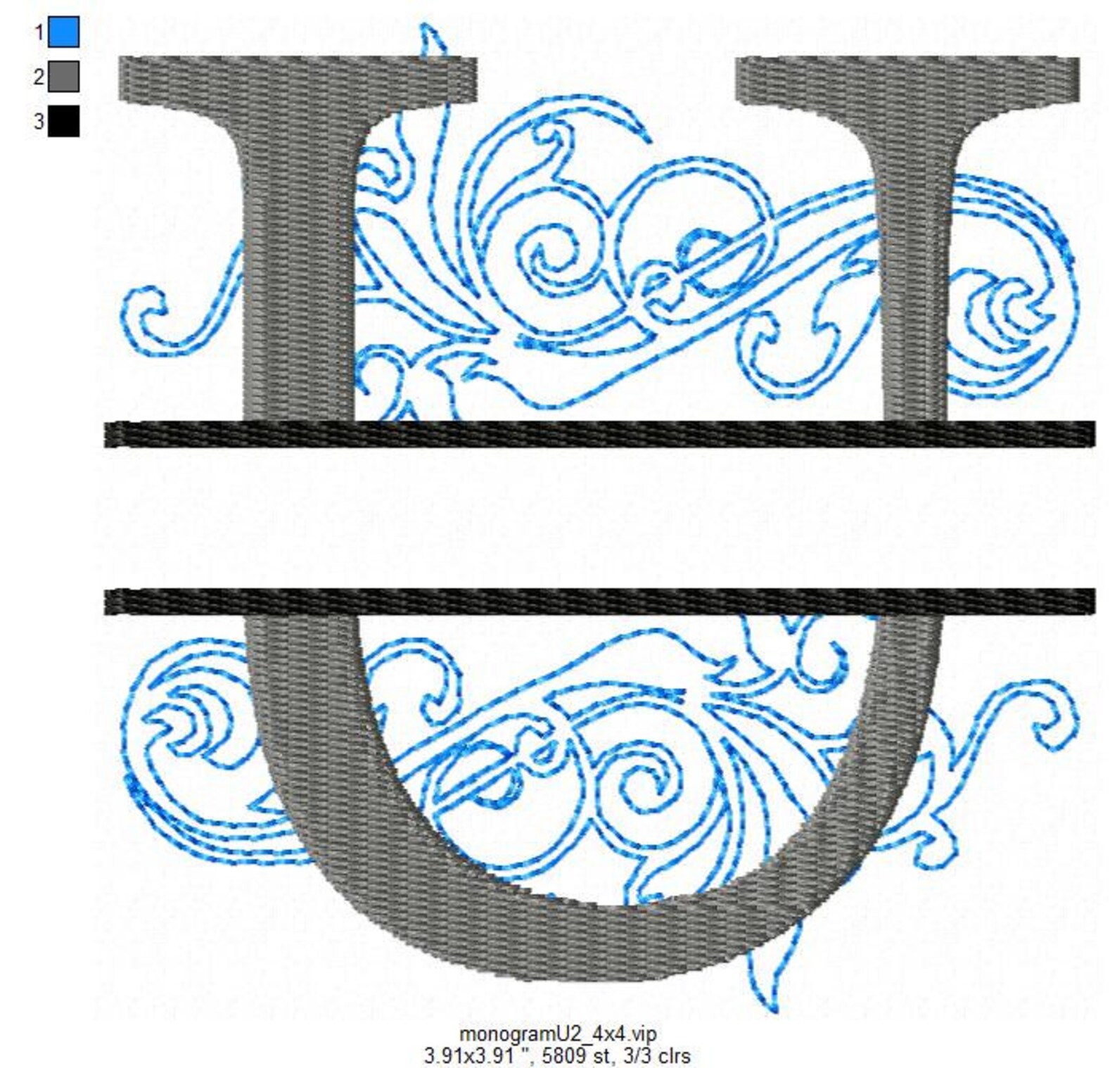 Split monogram u embroidery design font with swirl motif  etsy
