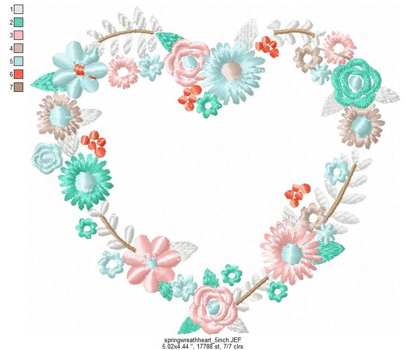 Heart-shaped floral Wreath Embroidery Frame Design with SPRING flower in 3 sizes mothers gift or valentine instant download