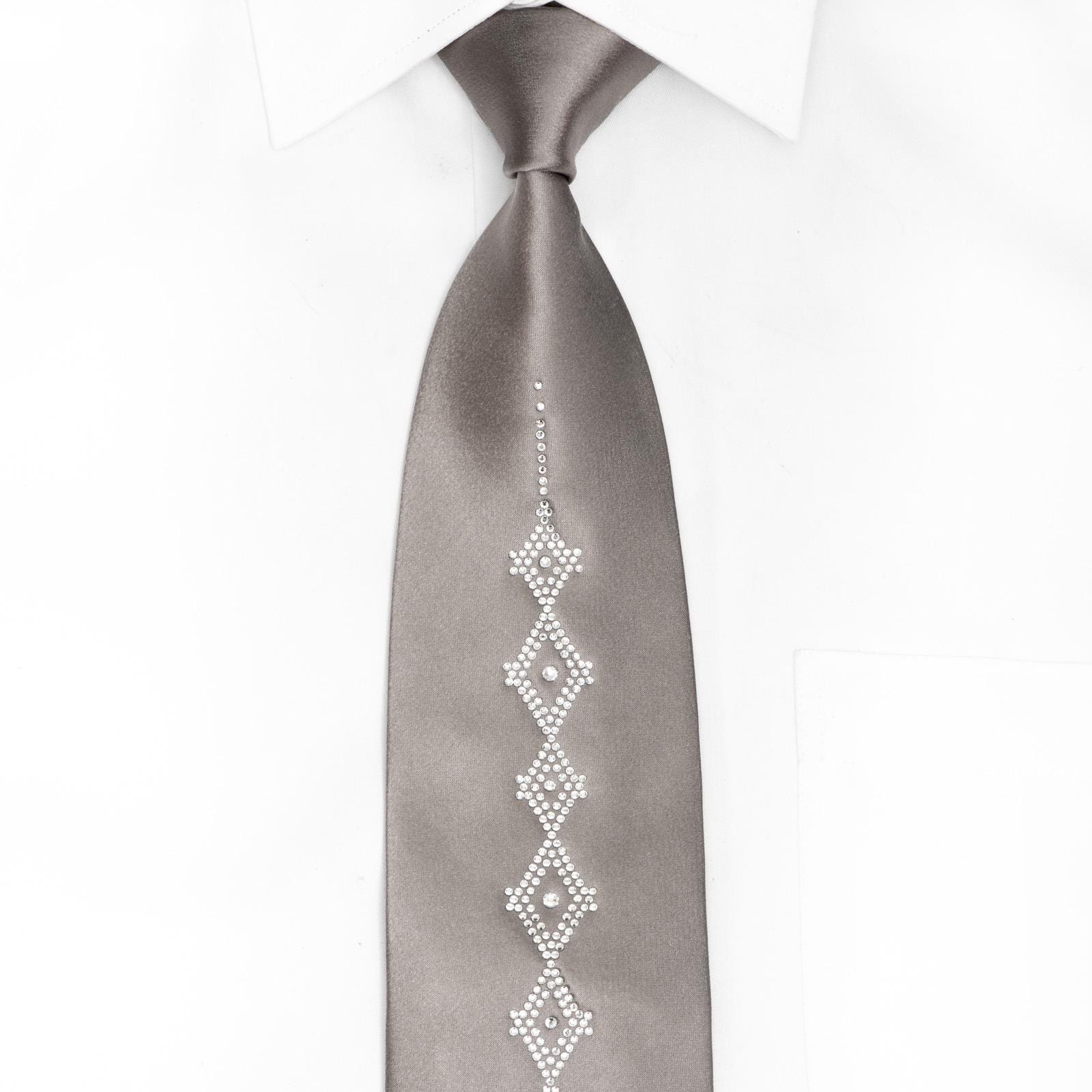 Title: Lalanta Silver Satin Silk Necktie with Rhinestone Embellishment