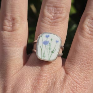 Handmade Sterling Silver Ring: Upcycled Blue Floral Ceramic, Size 6.75