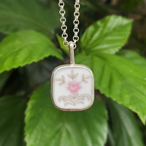 Ceramic sterling & fine silver pendant necklace, flower floral, gift for her, pottery unique handmade, upcycled vintage plate, broken china