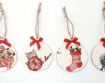 Christmas xmas tree animal decoration ornament baubles set, gift secret santa, made with wrendale fabric