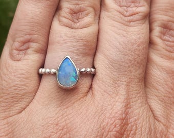 Australian Opal Sterling Silver Ring: Handmade Teardrop Jewelry, Size 6
