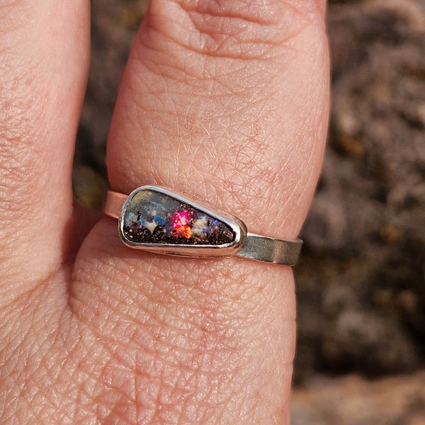 Australian boulder Opal ring in sterling silver, gift for her, size 8, natural gemstone jewellery jewelry, minimalist bezel setting,
