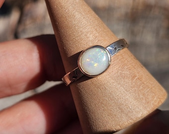 Handmade Sterling Silver Australian Opal Ring: Bezel Set Gemstone, Size 7.75-8