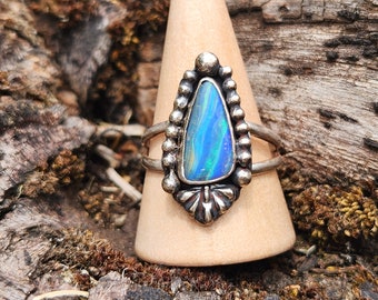 Blue boulder opal ring in sterling silver, boho statement ring, Australian jewellery jewelry, gift for her, Handmade Size 9.5 large