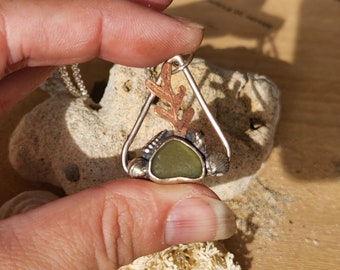 Seaglass Pendant Necklace: Sterling Silver, Seashells & Copper Seaweed