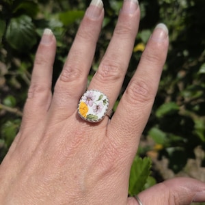 Handmade Sterling Silver Floral Ring: Upcycled broken China jewelry jewellery, Size 7.45