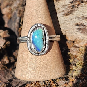 Handmade Australian Boulder Opal Ring: Sterling Silver Bezel Set, Size 7 3/4