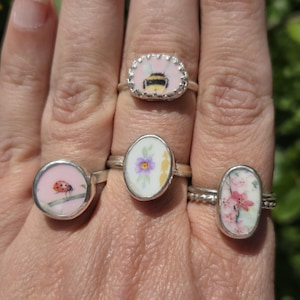 Handmade broken china Sterling Silver Rings, flower bee ladybird insects, upcycled ceramic jewellery jewelry