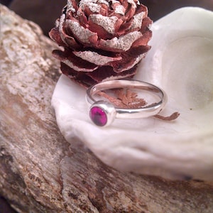 Può includere: Un anello d'argento con una pietra preziosa rosso scuro incastonata in una fascia semplice. L'anello è esposto su una conchiglia bianca con una pigna marrone.