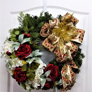 Red Rose & Hydrangea Christmas Wreath: Evergreen Door Decor