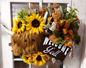 Highland Cow Sunflower wreath, door hanger, Custom designGreat Gift