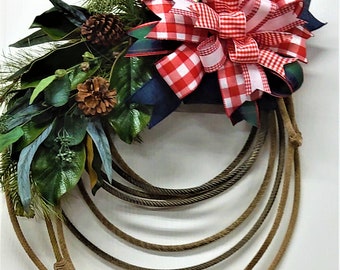 Rustic Western Lasso Rope Wreath, Red check ribbon, Christmas wreath, Country wreath, western wreath, Front door wreathGreat Gift