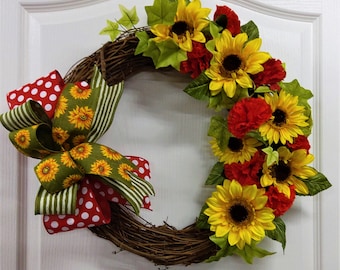 Sunflowers and Red Carnation Grapevine WreathGreat Gift