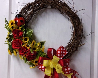 Lady Bug, Spring Wreath, sunflowers, red roses on a door hangerGreat Gift