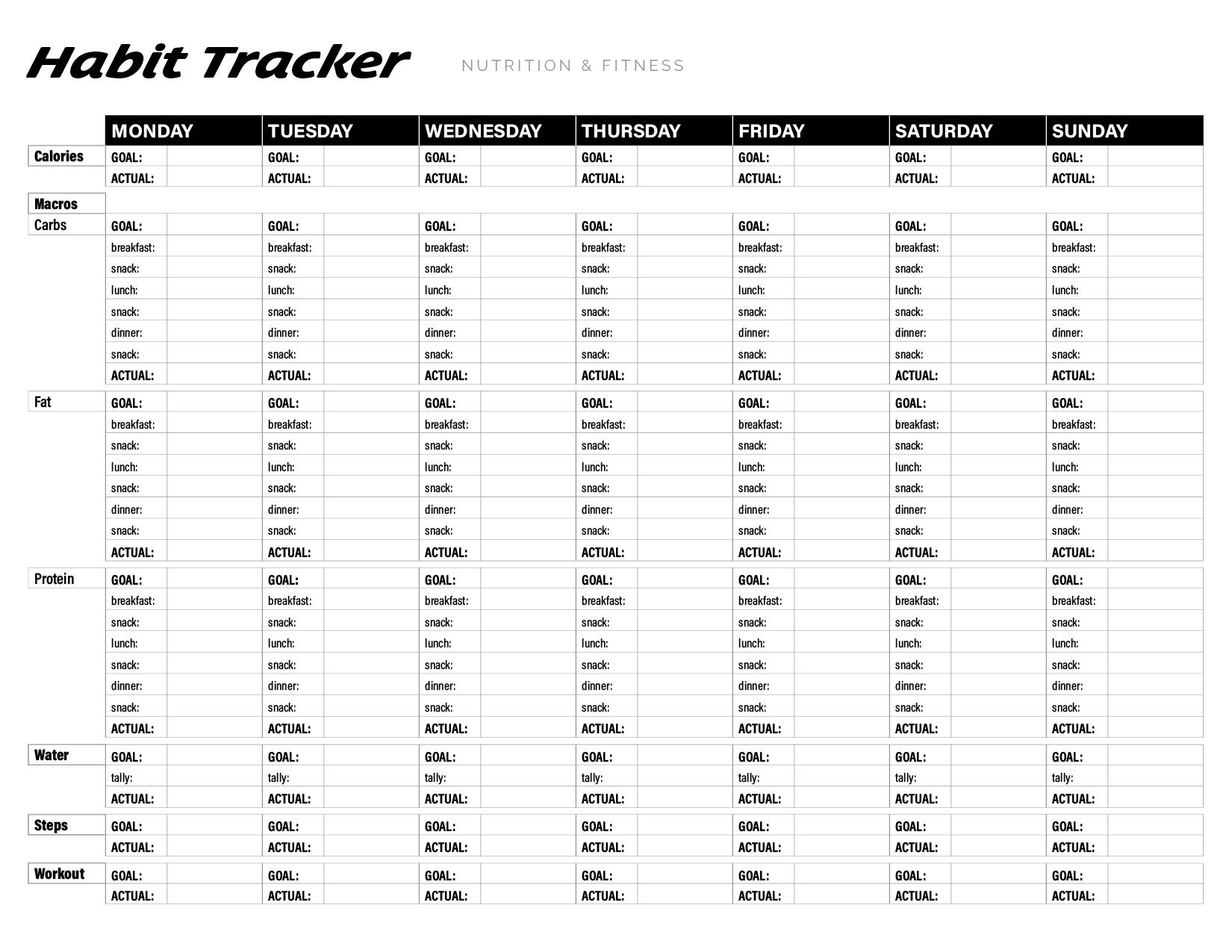 Weekly Nutrition Tracking Printable Calories Macros Water Steps Exercise Unlimited Prints Weekly Nutrition Tracking Printable Calories Macros Water Steps Exercise Unlimited Prints