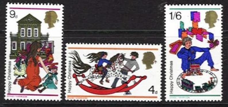 Craft art supply English GB vintage. children rocking horse dolls Retro Christmas 1968 mint unused British postage stamps set .Toys
