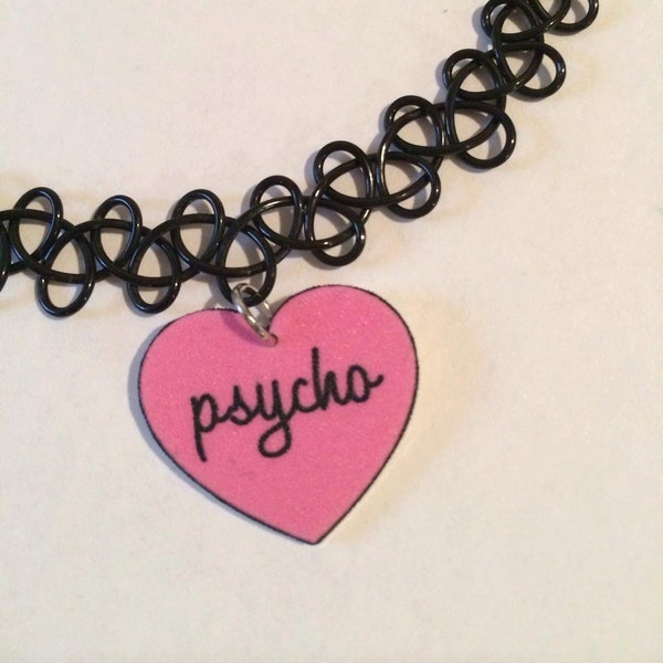 Heart Psycho 90's Tattoo Choker with Charm, Grunge Necklace, Cute Black Choker