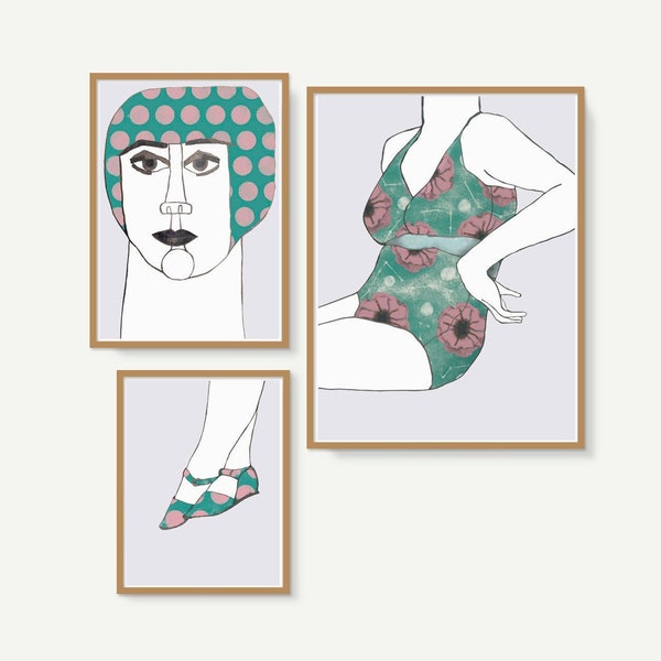 PRINTS 'Woman in swimsuit'. Three prints with an original illustration of a woman in swimsuit for bathroom or bedroom, in vintage style.