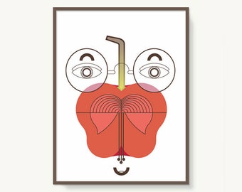 Funny Apple Illustration, Nordic Style Kids Room Print, A3 Poster for children