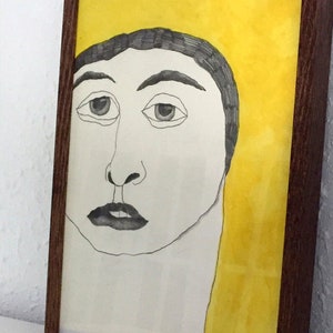 Original Framed Woman Portrait, Graphite and Acrylic Drawing (A4), original illustration