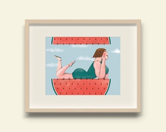 Woman with Watermelon Print, Limited Edition Illustration, Botero Style